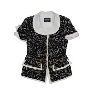 Vintage Chanel Boutique Black & White Scribble Floral Jacket – Size FR 42 /US 10
